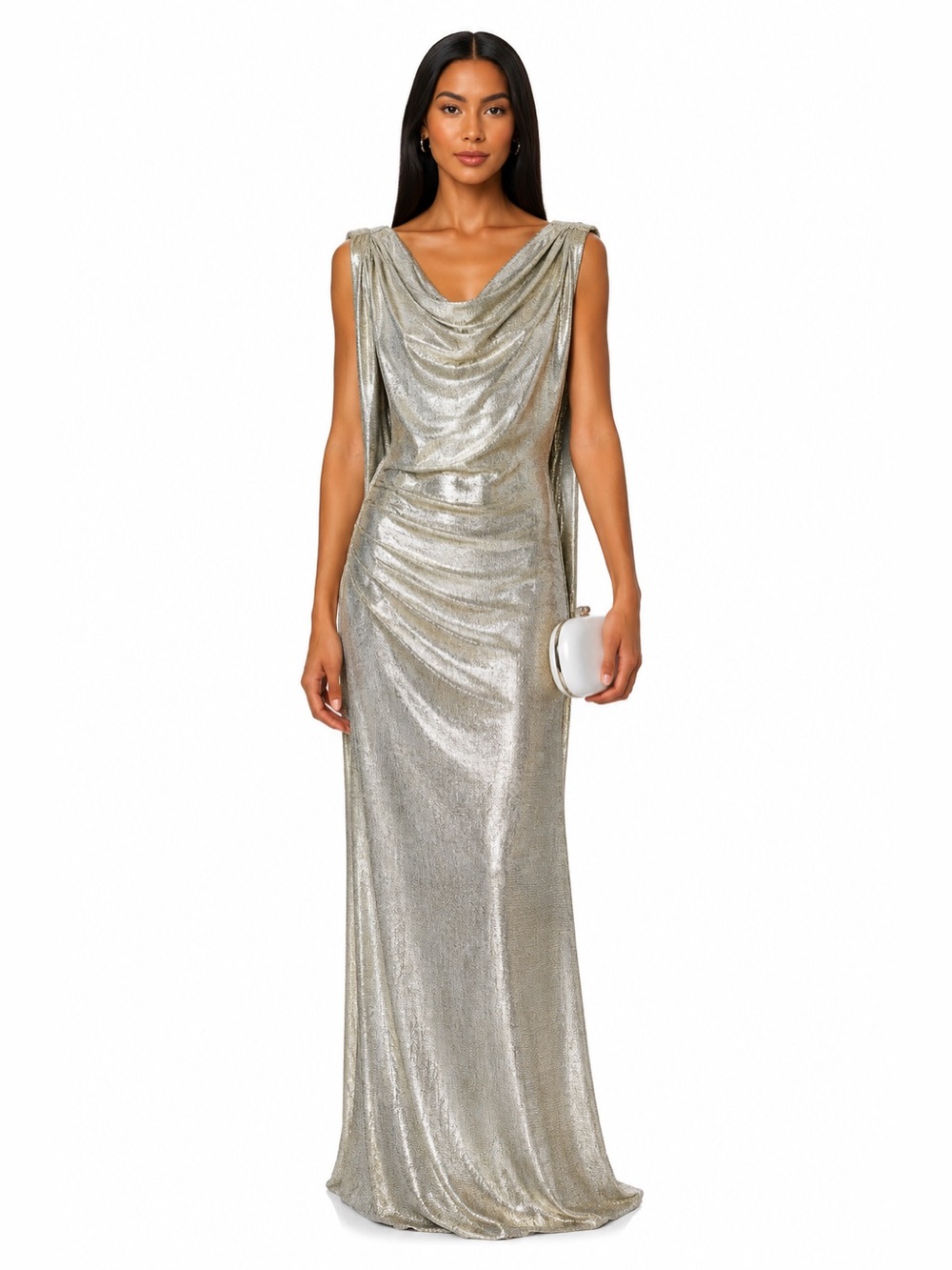Betsy & Adam Silver Metallic Draped Cape Sleeve Formal Wedding Guest Gown 📐14W